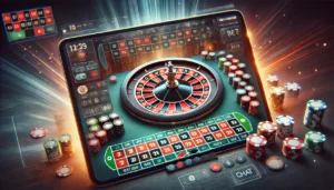 Create-an-oblong-image-depicting-a-live-online-Roulette-scene.-Include-a-digital-Roulette-wheel-with-clear-sections-for-red-black-and-a-single-green