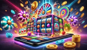 An oblong image featuring a vibrant and dynamic online slot gaming scene, showcasing popular titles like Starburst, Bonanza, and Rainbow Riches. The i
