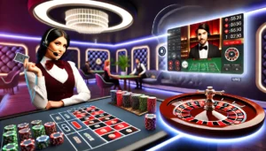 A stylish and immersive live casino scene featuring a professional dealer in a sleek, modern casino studio. The table displays cards, chips, and a rou