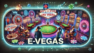An oblong image of a futuristic virtual reality (VR) casino by E-Vegas.com. The design features a sleek, immersive environment with glowing neon light