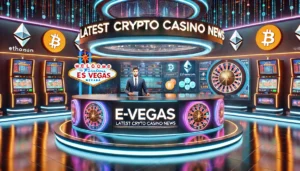 A sleek and modern news studio for E-Vegas.com, focused on reporting the latest crypto casino news. The studio features a high-tech anchor desk with v