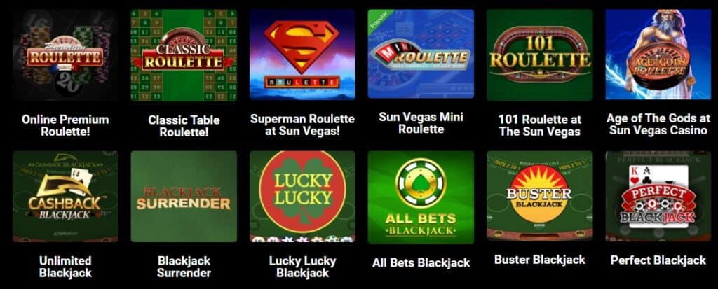 Sun Vegas review traditional Casino table games 2022 on mobile casinos E-Vegas.com 2022 Sun UK Casino review