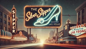 .A cinematic and nostalgic oblong image capturing the legacy of the Silver Slipper casino in Las Vegas. The image features a vintage neon sign of a sil