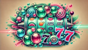 An oblong image designed for an online slot game theme featuring vibrant bubbles, retro Seafoam Green, and Neon Pink tones. The background should evok