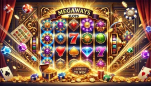 An oblong image designed to represent Megaways slots. The scene features dynamic cascading reels with vibrant symbols like jewels, gold coins, treasur