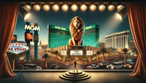 An oblong cinematic image capturing the iconic MGM Grand Las Vegas. The scene showcases the grandeur of the green-glass hotel and casino complex glowi