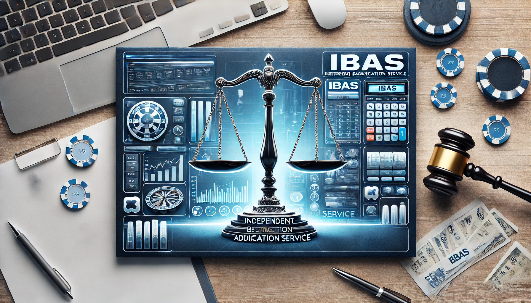 An oblong image representing the Independent Betting Adjudication Service (IBAS) for an E-Vegas.com article. The design should feature a balanced scal