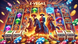 An oblong image capturing the essence of NetEnt slots designed for E-Vegas.com. The vibrant, dynamic gaming interface features colorful symbols like g