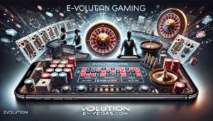An oblong image representing the immersive and innovative experience of Evolution Gaming, designed for E-Vegas.com. The scene features a professional
