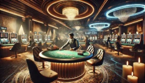 A cinematic, widescreen depiction of a live dealer casino environment inspired by Rockstar Games aesthetics. The scene showcases a luxurious casino ta