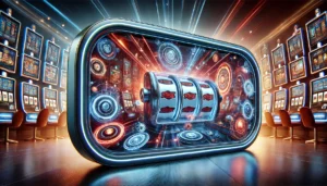 An oblong, visually striking image showcasing the essence of online gaming innovation, inspired by Microgaming's style. The image features a futuristi