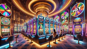 A visually striking image of IGT slot machines in an upscale casino setting. The scene showcases popular games like Cleopatra, Wheel of Fortune, and D
