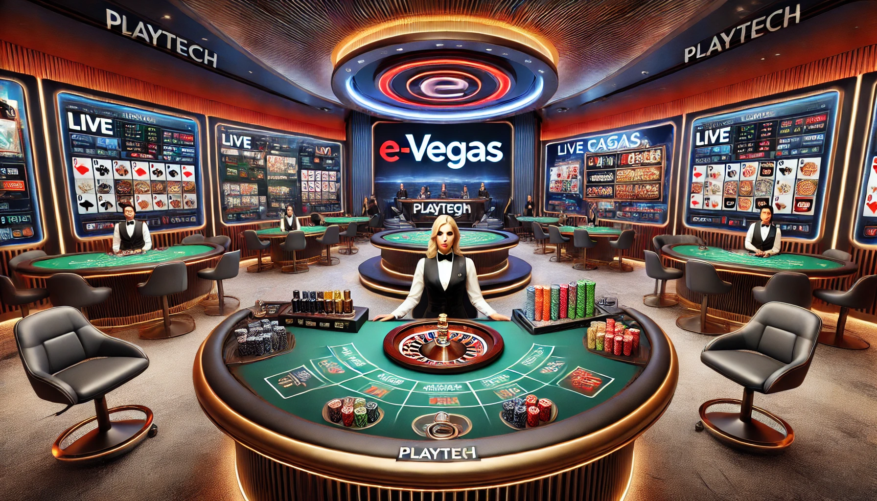 A luxurious online live casino studio featuring Playtech's signature games like live roulette, blackjack, and baccarat. The setting includes sleek, mo