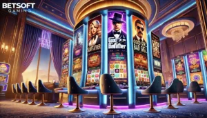 A sleek and visually immersive online casino scene featuring Betsoft Gaming's iconic 3D slot machines like Slotfather, Good Girl Bad Girl, and Mr. Veg