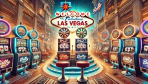 A visually compelling image showcasing the legacy of Bally in Las Vegas. The scene features a blend of iconic Bally slot machines like Blazing 7’s and