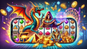 A vibrant oblong illustration symbolizing online slot gaming, featuring fantasy themes such as a dragon guarding treasure chests, golden Egyptian arti