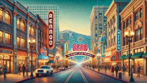 A detailed and vibrant street view illustration of Reno, Nevada, capturing the essence of 'The Biggest Little City in the World.' The scene should fea