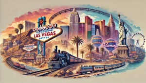 A visually captivating oblong image illustrating the dynamic history of Las Vegas. The image should feature iconic Las Vegas landmarks such as the neo