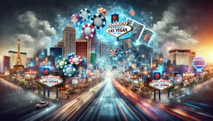 A visually striking oblong image capturing the essence of Las Vegas' iconic casinos transitioning into the digital era. The image features a blend of