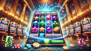 A visually engaging oblong image depicting a vibrant online casino interface featuring a dynamic Megaways slot game in action. The design should inclu