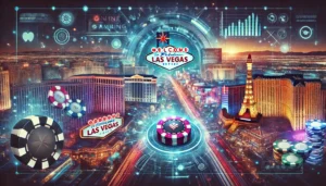 An oblong image showcasing the iconic Las Vegas Strip at night, with a vibrant and competitive atmosphere. Highlight key landmarks like the MGM Grand