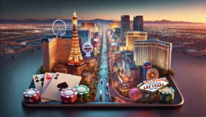 An oblong image depicting the iconic Las Vegas Strip at dusk with its famous casinos illuminated, including glowing signs and a vibrant skyline. The s