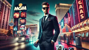An oblong image featuring a cool, stylish man in sunglasses and a sleek outfit standing confidently on the Las Vegas Strip at dusk. The vibrant neon l