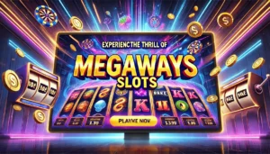 A vibrant, copyright-free, landscape-oriented oblong image promoting Megaways slots with bold text saying 'Experience the Thrill of Megaways Slots!' i