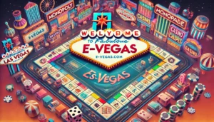 A landscape-oriented oblong image promoting e-vegas.com, styled to resemble a Las Vegas-themed board game without using any direct Monopoly logos or c