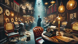 A cinematic and historical depiction of a 1940s Las Vegas bookmaker's office with a focus on telegraph machines transmitting race results, surrounded