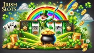 A vibrant oblong image themed around Irish slots for E-Vegas.com. The composition includes a pot of gold at the end of a shimmering rainbow, lush gree