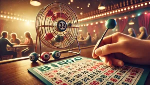 A realistic oblong image showing how to play bingo. The image features a close-up of a bingo card with numbers, a hand holding a dauber marking a numb
