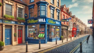A realistic oblong image depicting a William Hill betting shop on a traditional UK high street. The shop features its iconic blue and yellow branding,