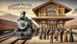 A realistic oblong image depicting a train at a historic Union Pacific Railroad station in Las Vegas. The scene includes a vintage locomotive arriving