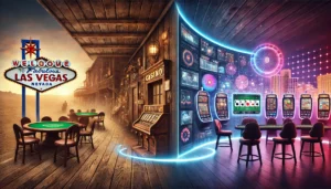 An oblong image illustrating the transformation of Las Vegas from its early days of rustic sawdust-floor casinos to the modern era of high-tech global