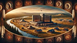 A cinematic and highly realistic oblong promotional image depicting the role of tribal casinos in funding Native American infrastructure. The scene sh (1)