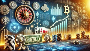 A professional and sleek oblong image representing the impact of online casinos on a country's economy. The scene includes symbolic elements such as a