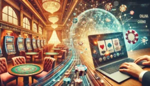 An oblong image illustrating the transition of high-street casinos to online platforms. The scene features a blend of a traditional casino with glitzy