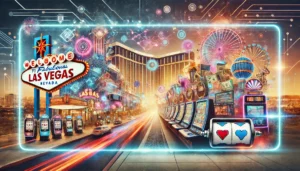 An oblong image showcasing the impact of technology on Las Vegas gambling. The scene features a blend of traditional Las Vegas elements like iconic ca