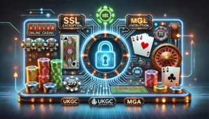 A visually striking oblong image showcasing a safe and reputable online casino environment. The image features elements such as a secure padlock symbo