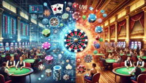 An oblong image portraying the dynamic relationship between online gambling and land-based venues. The image features a split-screen concept_ on one s
