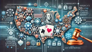 An oblong image representing the regulatory challenges of America's online gaming market. The image includes elements such as a map of the United Stat