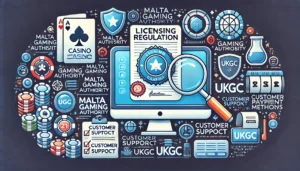 An oblong image illustrating the process of verifying the license and regulation of an online casino. The image features key elements such as a comput