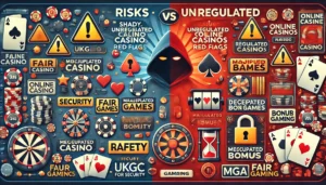 An oblong image highlighting the risks and red flags of unregulated online casinos. The design features a split-screen concept_ one side shows a shady