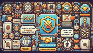 An oblong image depicting the concept of self-exclusion in online casinos and its role in responsible gambling. The image features a secure digital en
