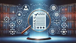 An oblong image emphasizing transparency and honesty in online casino reviews. The design features elements like a magnifying glass over a review docu