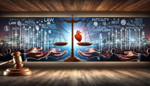 A cinematic oblong image illustrating the concept of extending best moral practices beyond legal compliance. The design features a symbolic scale bala