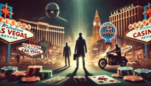 A cinematic oblong image depicting infamous Las Vegas casino heists and scams. The design features a dramatic Las Vegas Strip at night, with iconic ca