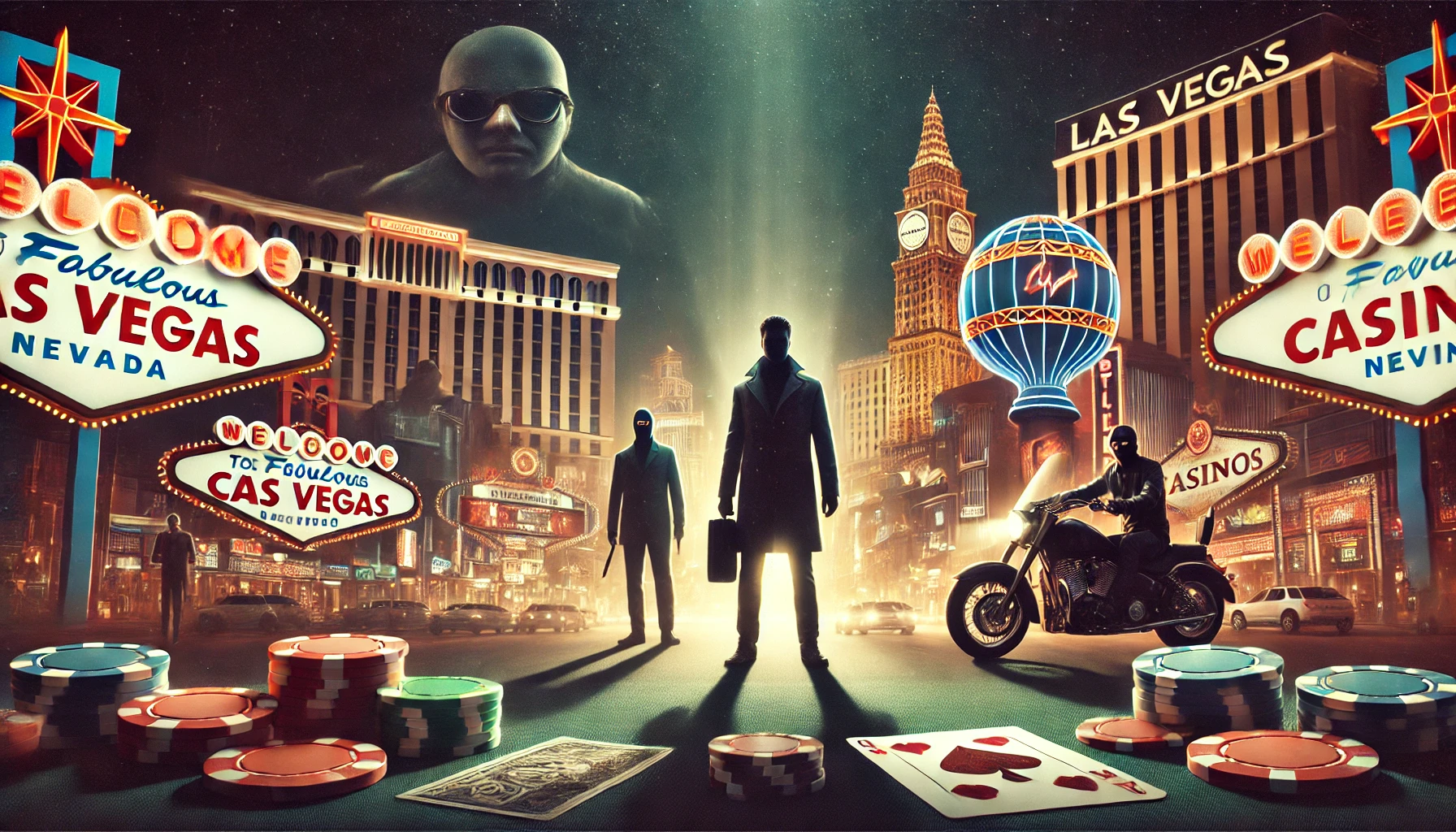 A cinematic oblong image depicting infamous Las Vegas casino heists and scams. The design features a dramatic Las Vegas Strip at night, with iconic ca
