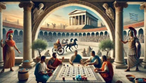 A cinematic oblong image depicting gambling in ancient Greece. The scene features a group of Greek citizens gathered in a marble courtyard, rolling di